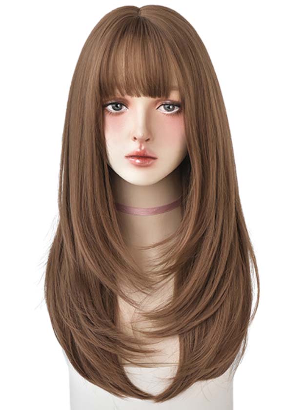 HONEY BROWN LAYER CUTTING STRAIGHT WIG WITH BANGS