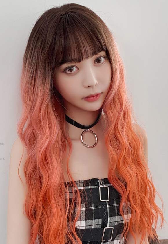 ORANGE OMBER LONG CURLY BANGS WIG