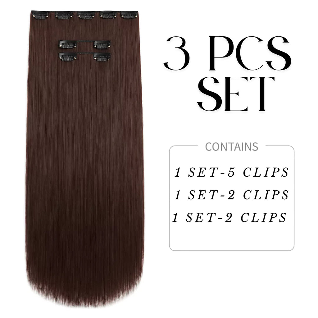3 Piece Set Clip in Extensions -  Straight - Dark Brown